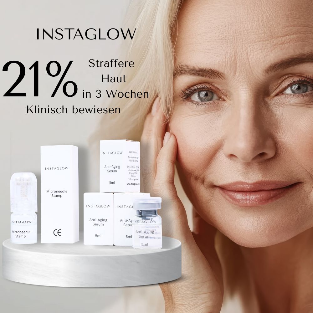 Frau mit Haut. Instaglow Microneedling Anti-Aging Infusion Kit. Produkte und Text: 21% straffere Haut in 3 Wochen.
