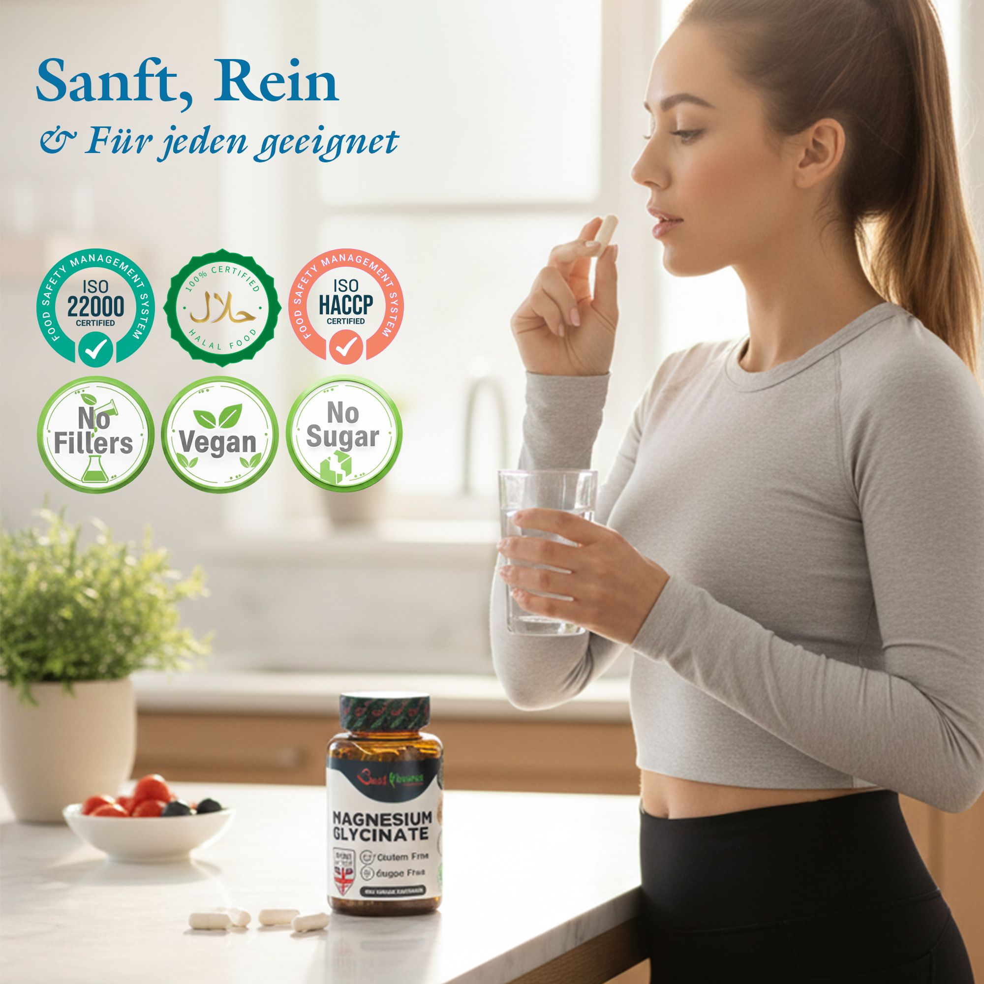 Frau nimmt Magnesiumglycinat-Kapsel ein, daneben Flasche und Zertifizierungen.