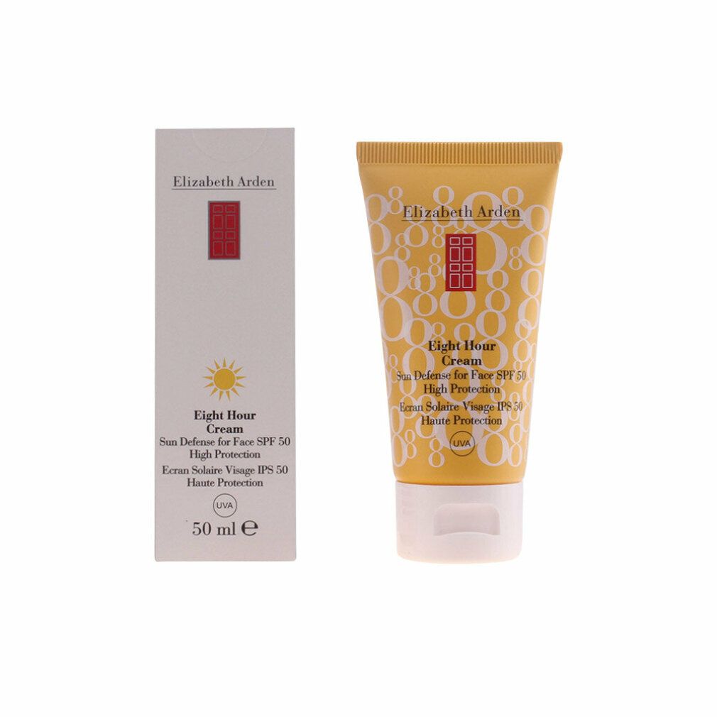 Produkt und Verpackung. Gelbe Tube und weiße Schachtel. Produktname: Eight Hour Cream. Text: Sun Defense for Face SPF 50. 50 ml.