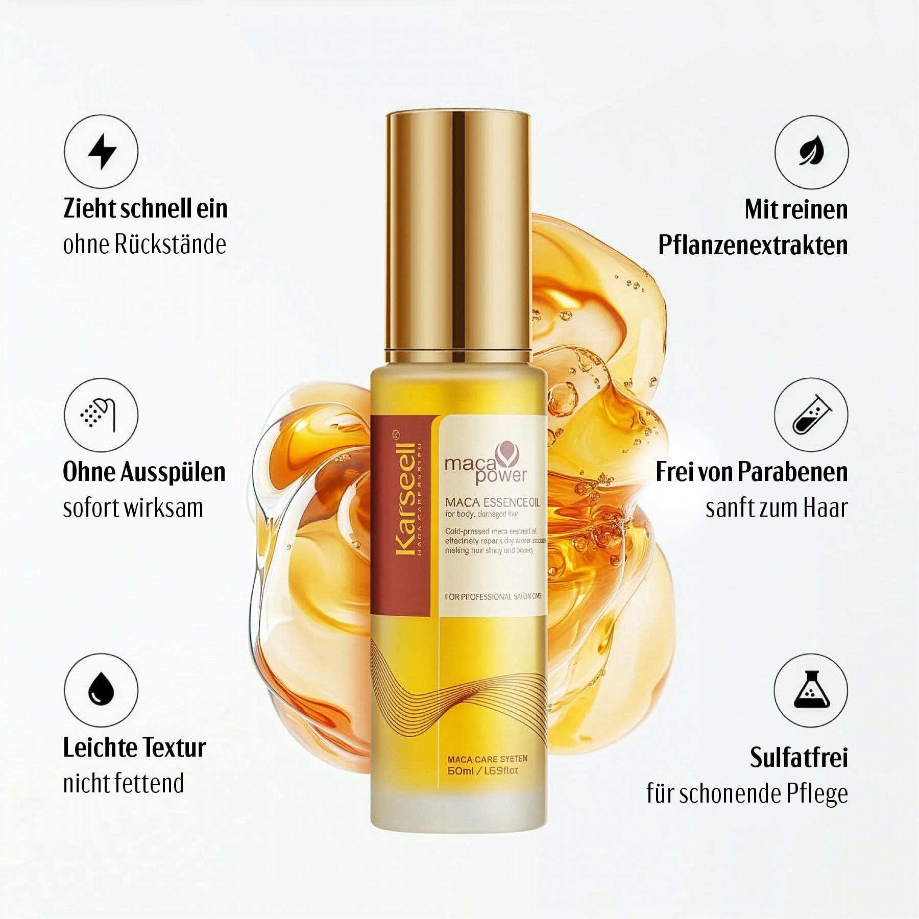 Flasche Haaröl, goldener Deckel. Text: Karseell, Maca Essence Oil. Symbole: schnell einziehend, ohne Ausspülen, etc.