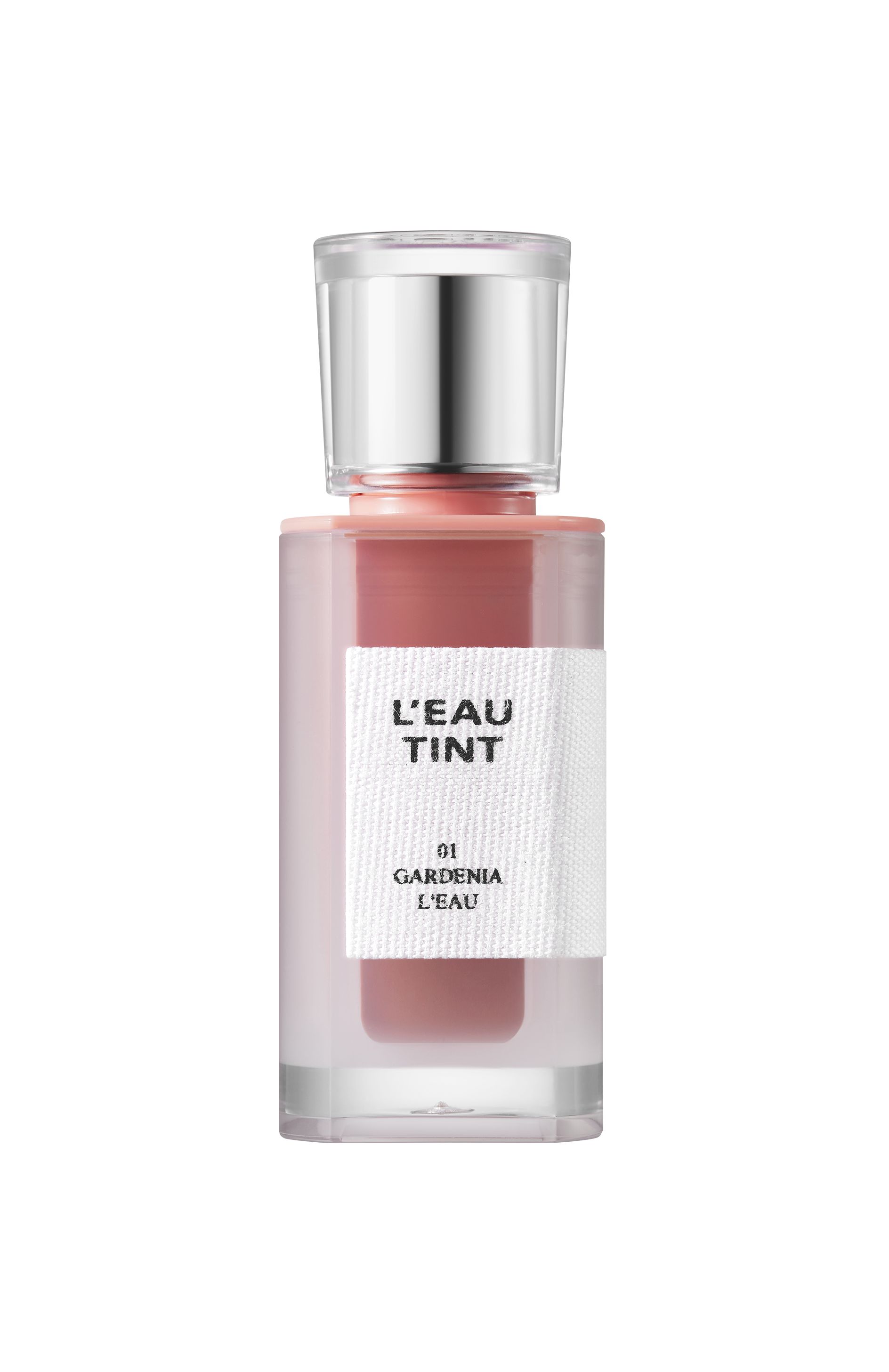 Flasche mit rosafarbenem Lippen-Tönungsmittel. Aufkleber mit "L'EAU TINT" und "01 GARDENIA L'EAU". Transparente Kappe.