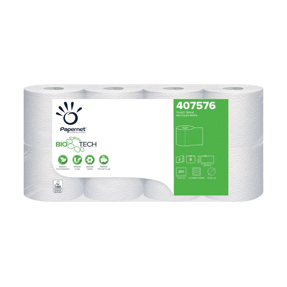 Packung mit 6 Rollen weißem Toilettenpapier mit Bio-Tech-Technologie von Papernet.