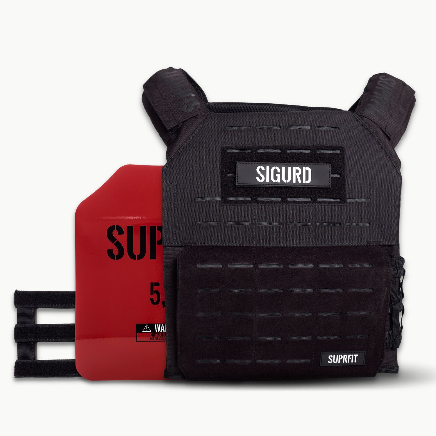 Schwarze Gewichtsweste mit roter Platte. Auf der Weste steht "SIGURD" und "SUPRFIT". Rote Platte mit "SUPRFIT" und "5,0 KG".