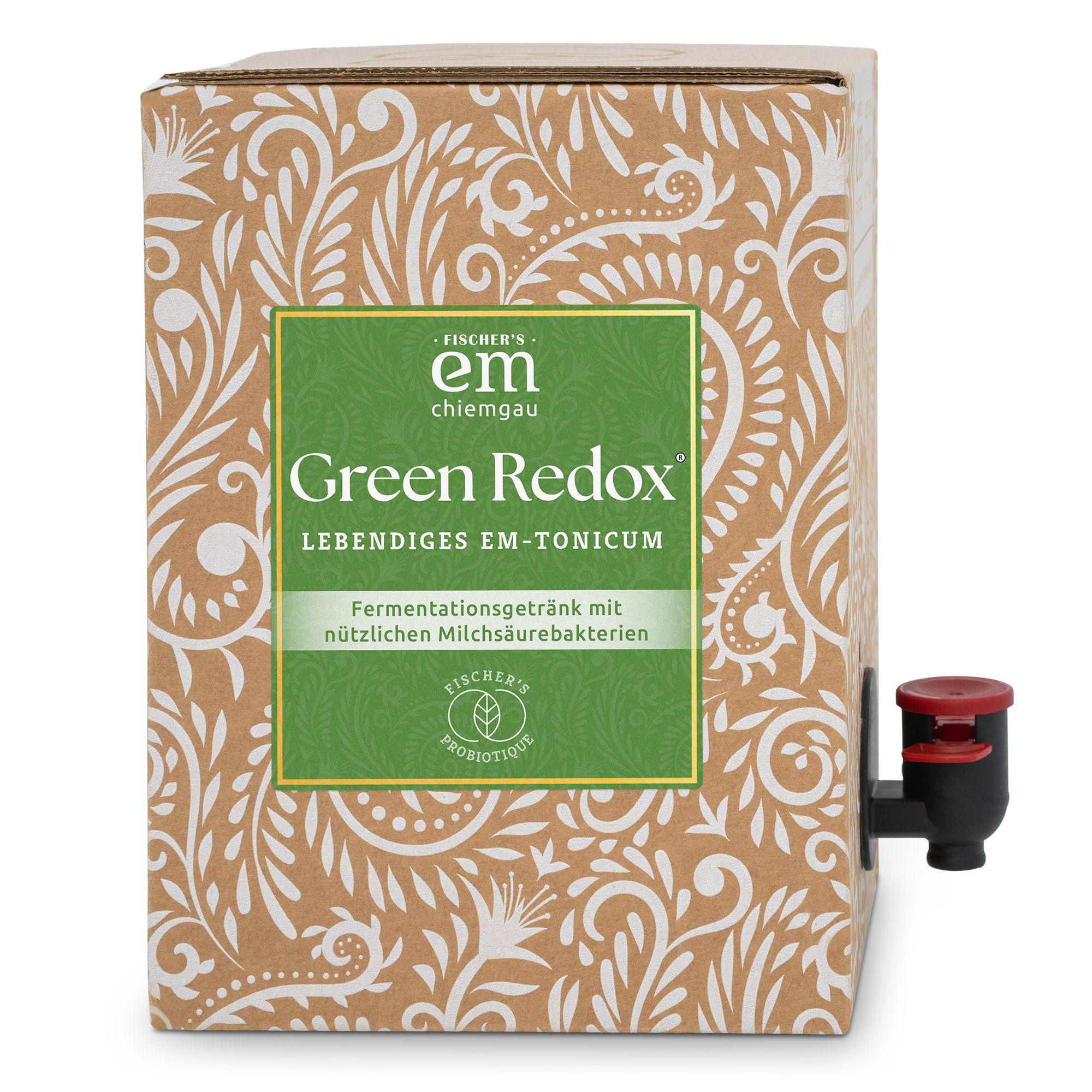 Karton mit floralem Muster. Aufschrift: Green Redox, lebendiges EM-Tonicum. Zapfhahn. Logo: Fischer's em chiemgau.