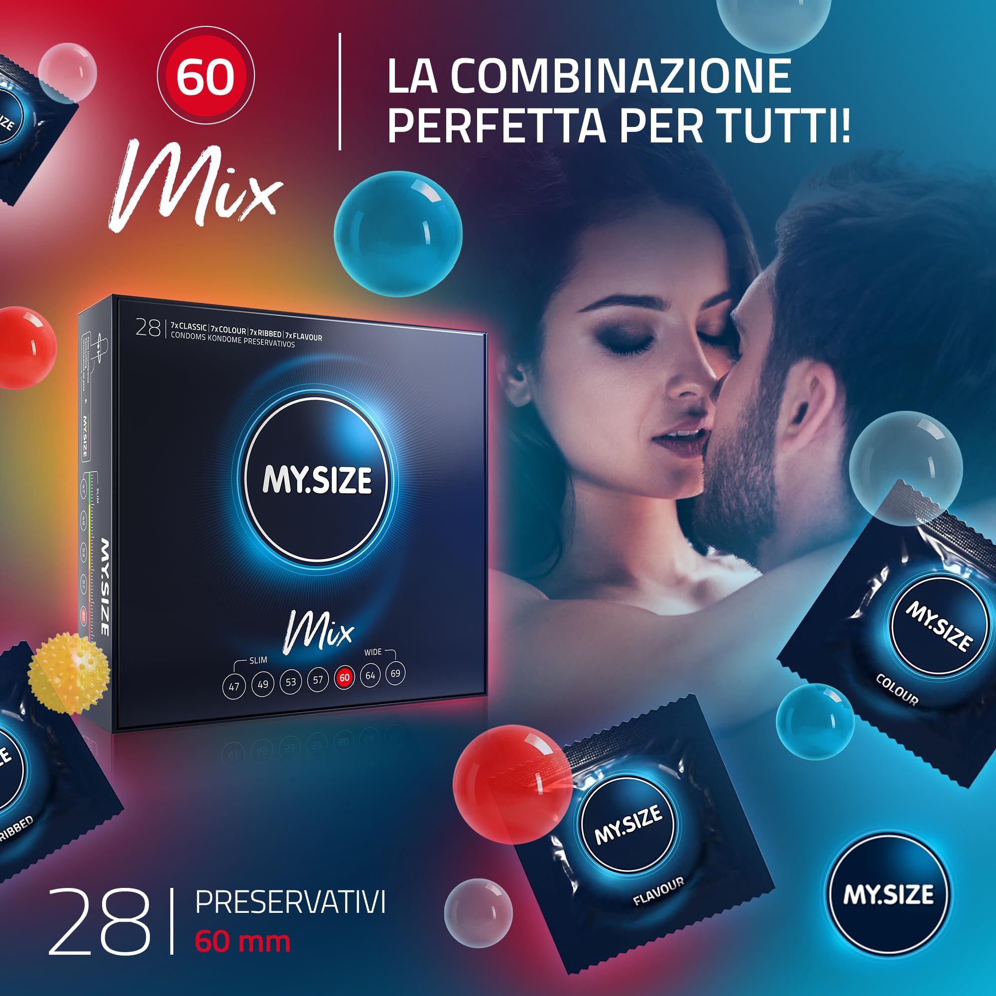 MY.SIZE Mix Kondome, 28 Stück, Größe 60mm. Packung mit verschiedenen Sorten und Paaren.