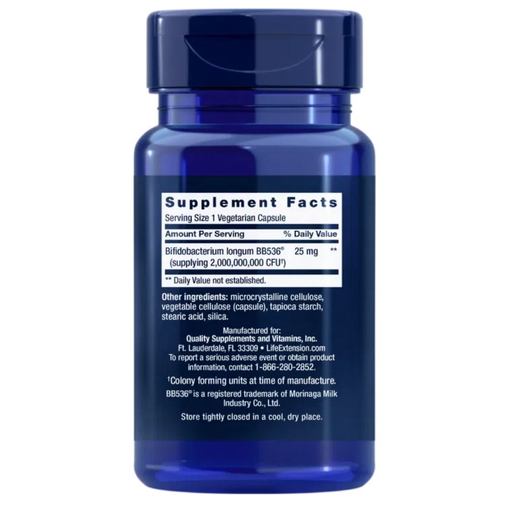 Rückseite einer dunkelblauen Kapsel mit "Supplement Facts" und Inhaltsstoffen für "Bifido GI Balance".