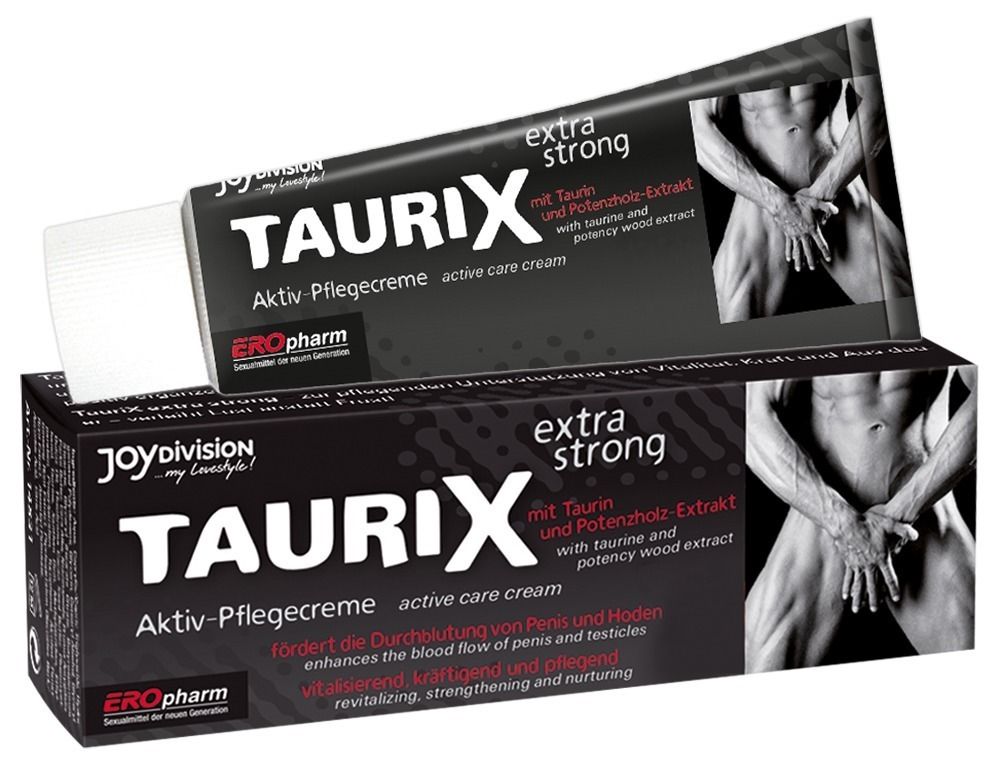 Schwarze Schachtel und Tube. Aufschrift: TAURIX extra strong, Aktiv-Pflegecreme. Logo: joydivision. Abbildung eines Mannes.