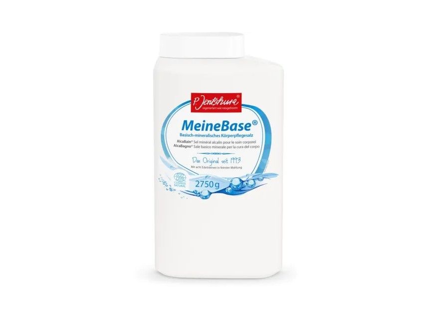 Weißer Behälter mit blauem Etikett. Text: MeineBase, Jentschura. Aufschrift: basisches Badesalz. Unten: 2750g.
