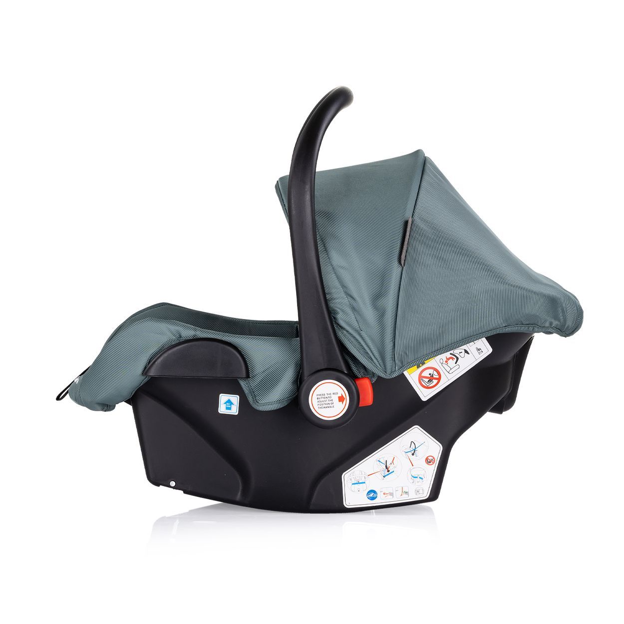 Babyschale in Grau mit verstellbarem Griff und Verdeck. Seitenansicht mit Hinweissymbolen.