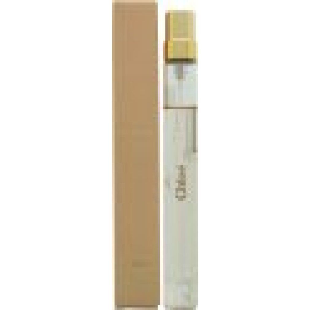 Nomade Eau de Parfum Flakon mit Verpackung. Schlanker, zylindrischer Flakon neben rechteckiger Verpackung. Goldfarbener Verschluss.