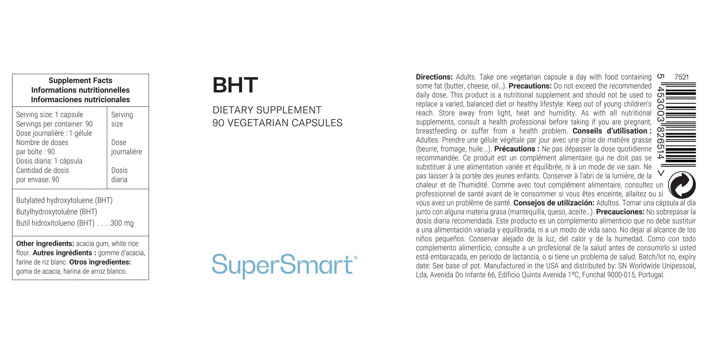 Etikett mit Produktinformationen: BHT, Nahrungsergänzungsmittel, 90 vegetarische Kapseln. SuperSmart-Logo.