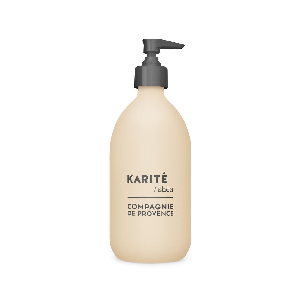 Beige Flasche mit schwarzem Pumpkopf. Text: Karité/Shea, Compagnie de Provence. Produktname nicht angegeben.