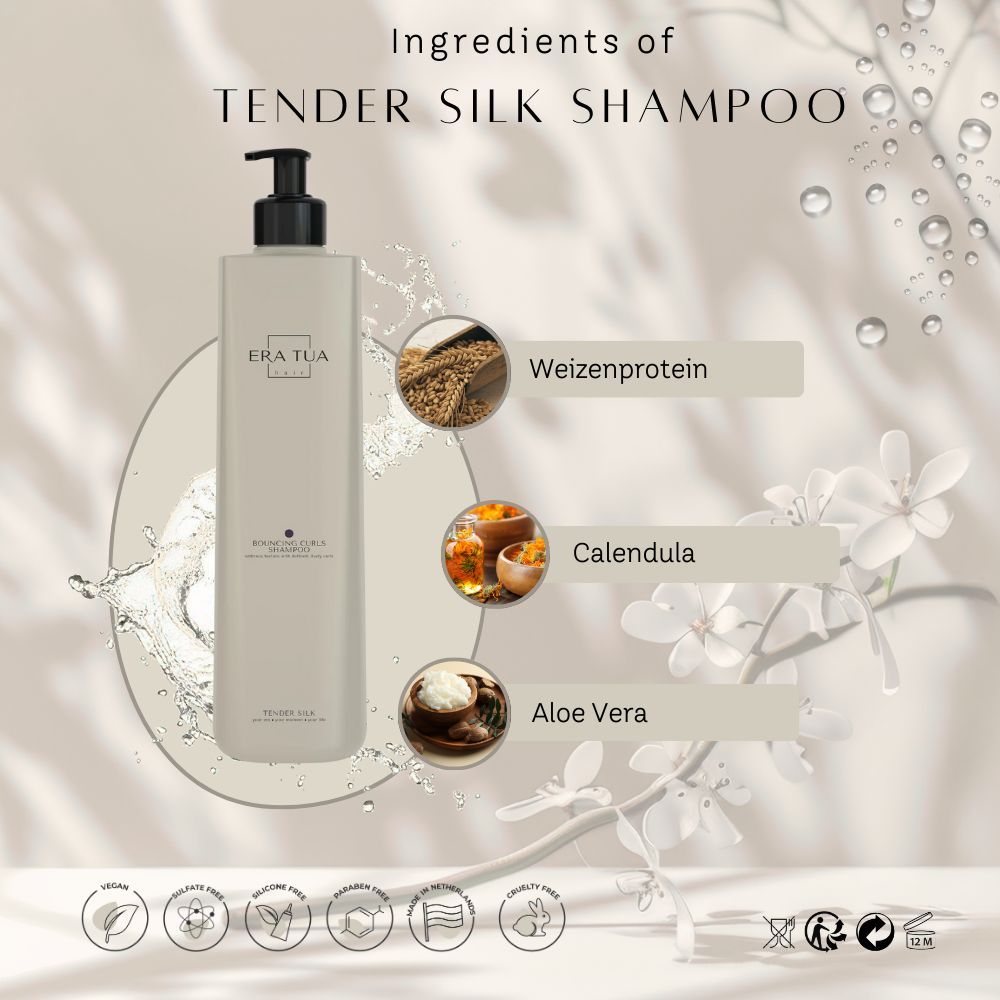 Beige Era Tua Tender Silk Shampoo-Flasche mit schwarzem Spender. Zutaten: Weizenprotein, Calendula, Aloe Vera. Vegan-Siegel.