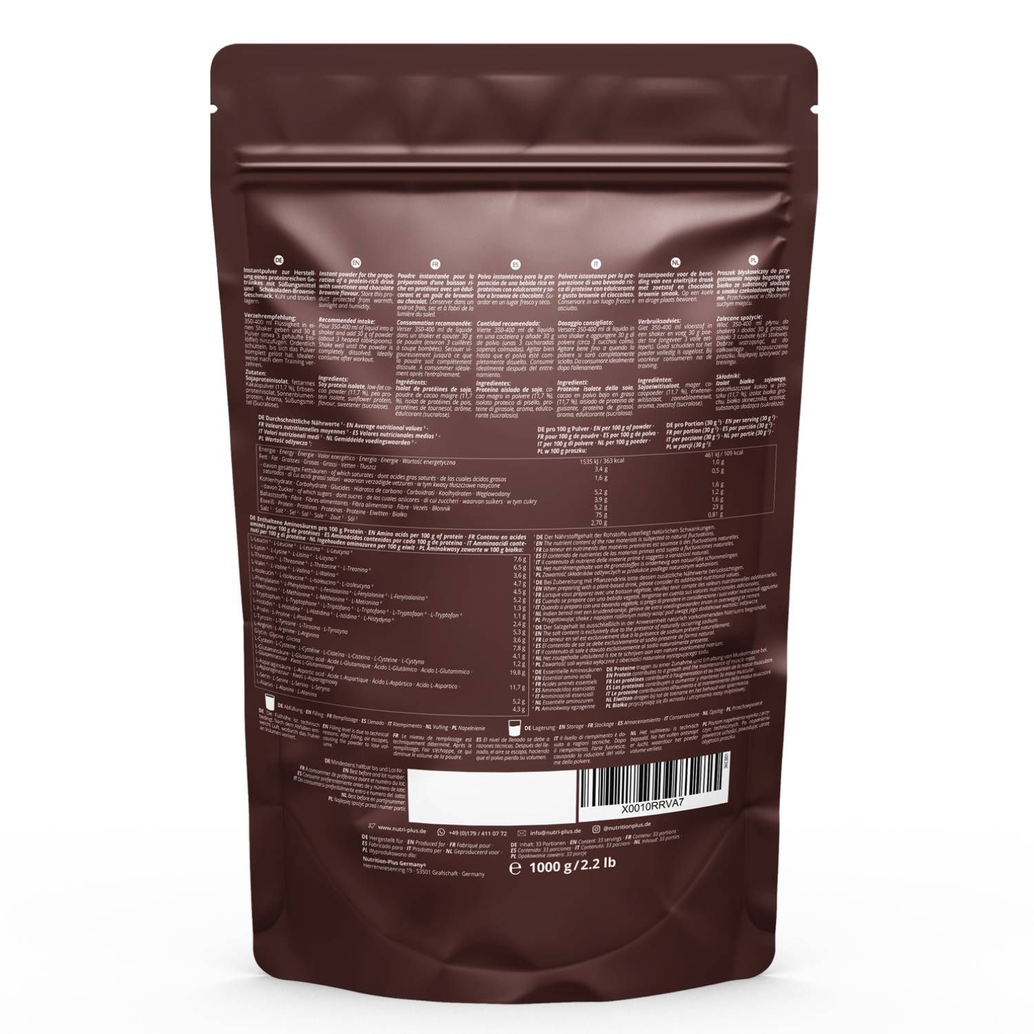 Rückseite eines braunen Beutels Veganes Proteinpulver 3k. Text: Nährwertangaben, Zutaten, Herstellerinformationen, Barcode. Gewicht: 1000 g / 2.2 lb.