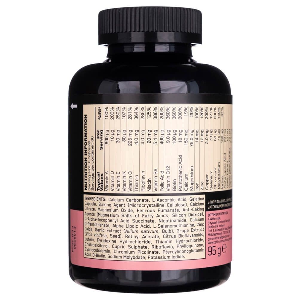 Rückseite der Optimum Nutrition Opti-Women Multivitamin-Flasche mit Nährwertangaben und Inhaltsstoffen.
