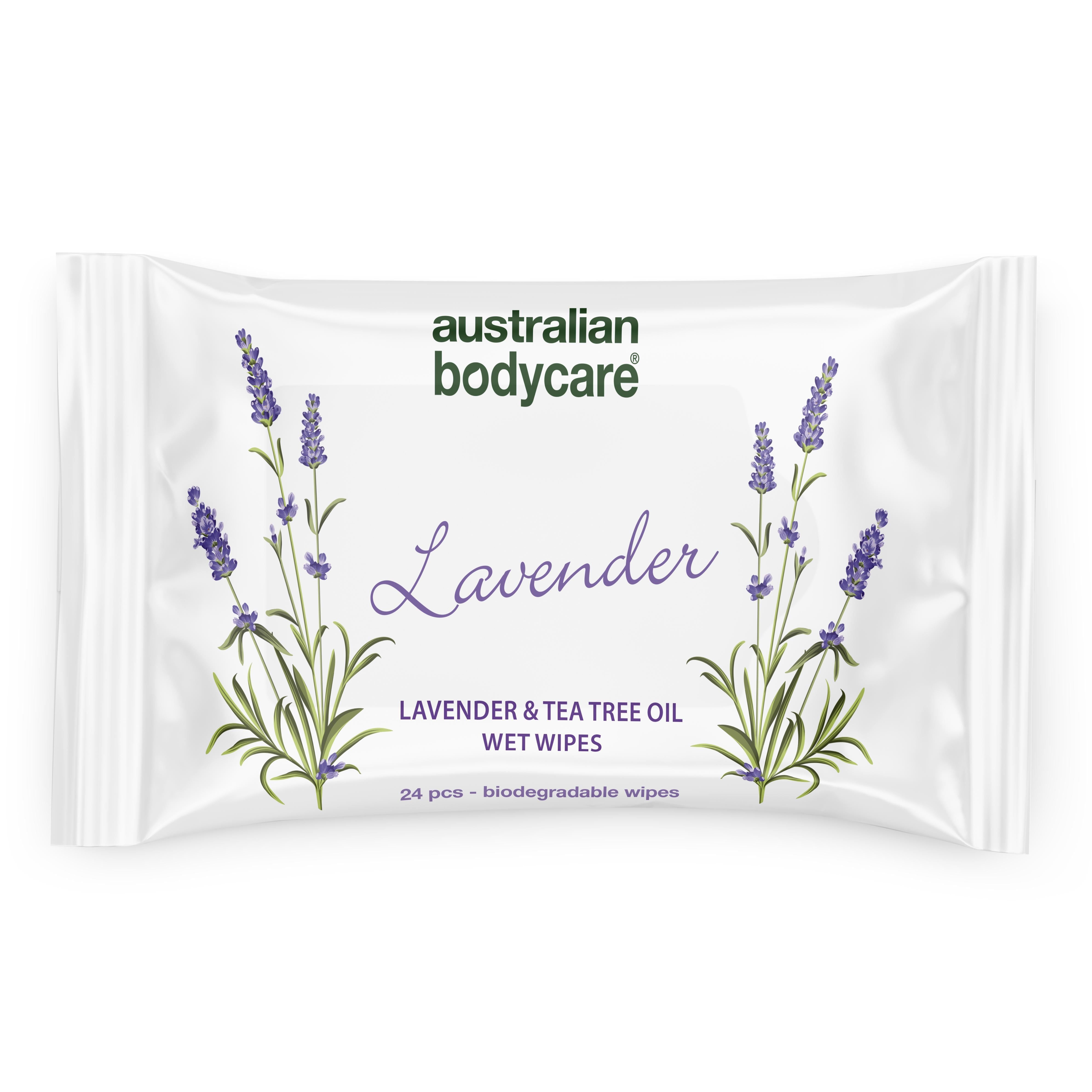 Weiße Verpackung mit Lavendel-Illustrationen. Text: Australian Bodycare, Lavender, Wet Wipes.