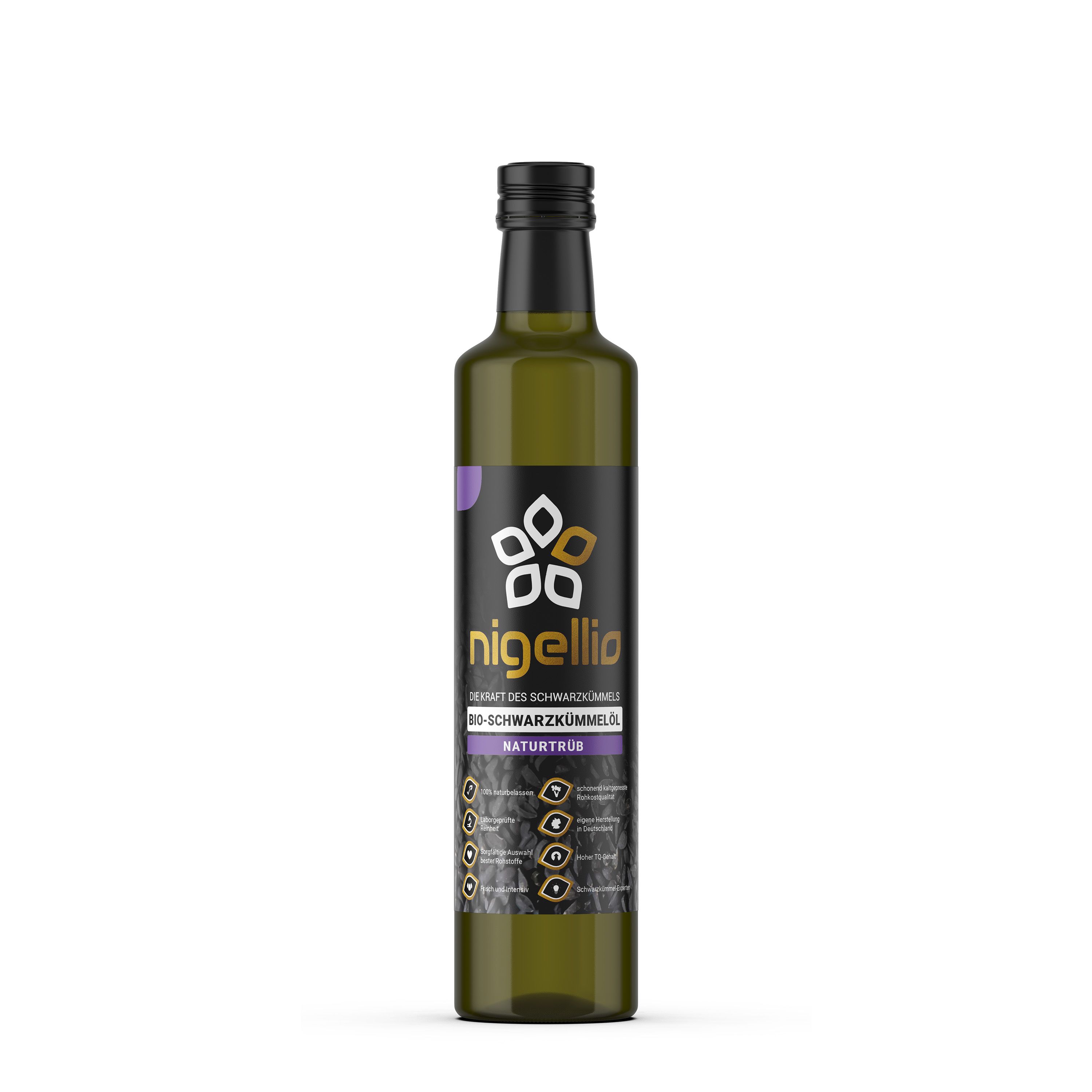 Nigellio Bio-Schwarzkümmelöl ungefiltert kaltgepresst aus ägyptischer Nigella sativa 250 ml Öl