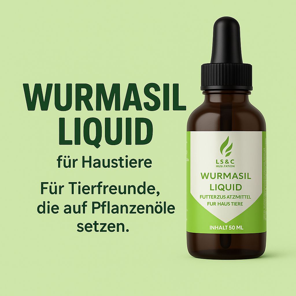 Braune Flasche mit Tropfer, Wurmasil Liquid. Text: für Haustiere, für Tierfreunde, die auf Pflanzenöle setzen. Inhalt 50 ml.