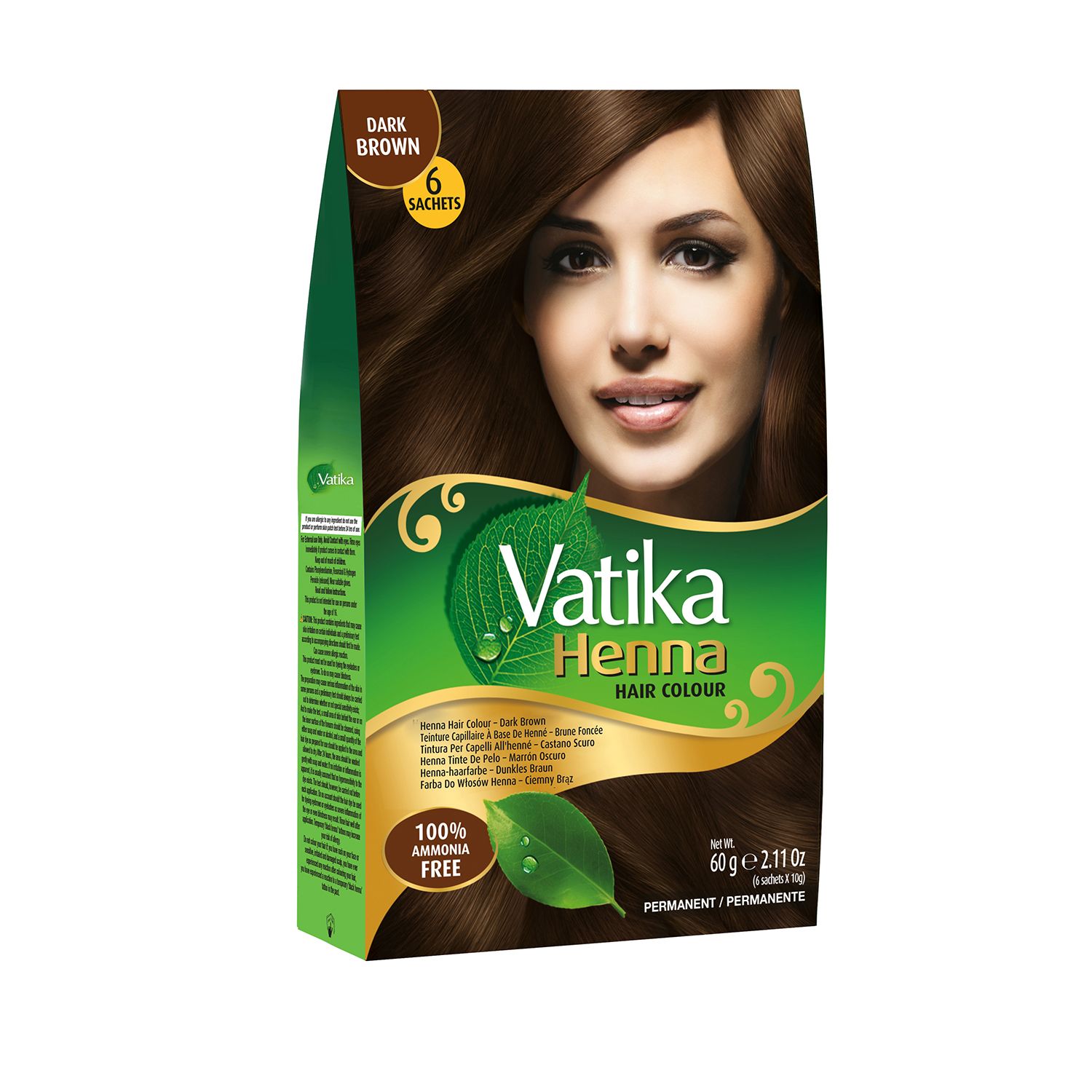 Vatika Henna Haarfarbe Dunkelbraun-Verpackung. Enthält 6 Sachets. Frau mit braunem Haar. Text: 100% ammoniakfrei.
