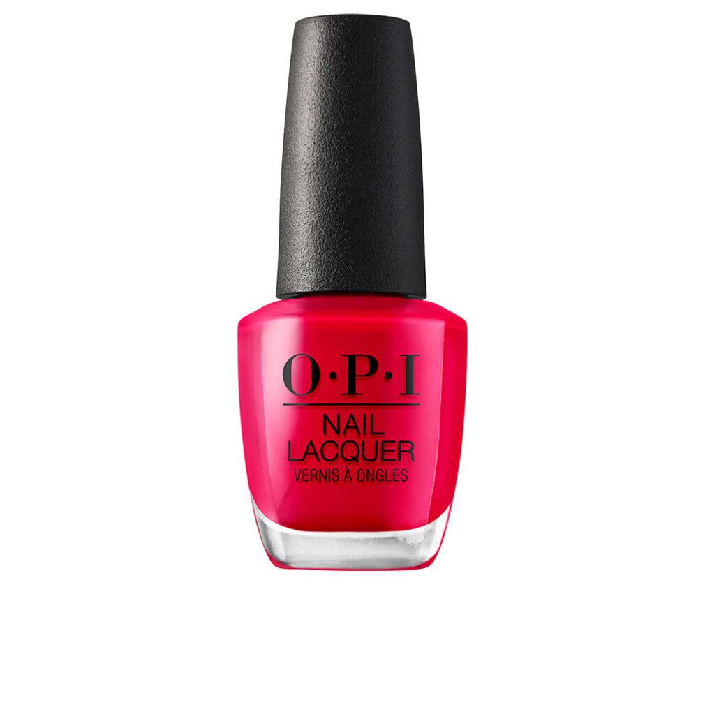Nagellackflasche, rot, mit schwarzem Deckel. OPI Nail Lacquer Schriftzug. Transparente Glasflasche.