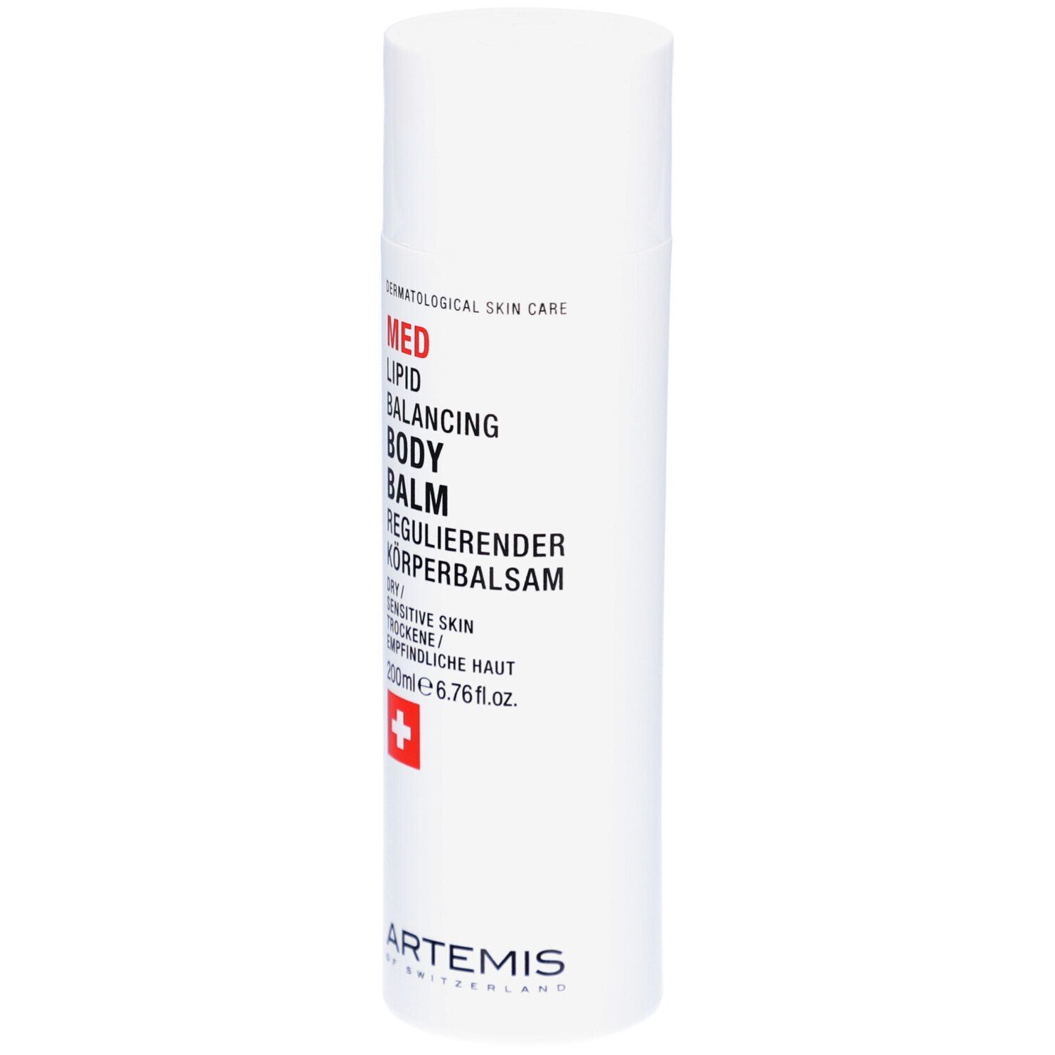 Weiße Flasche mit roter und schwarzer Schrift. Text: MED Lipid Balancing Body Balm. Schweizer Kreuz. 200ml.