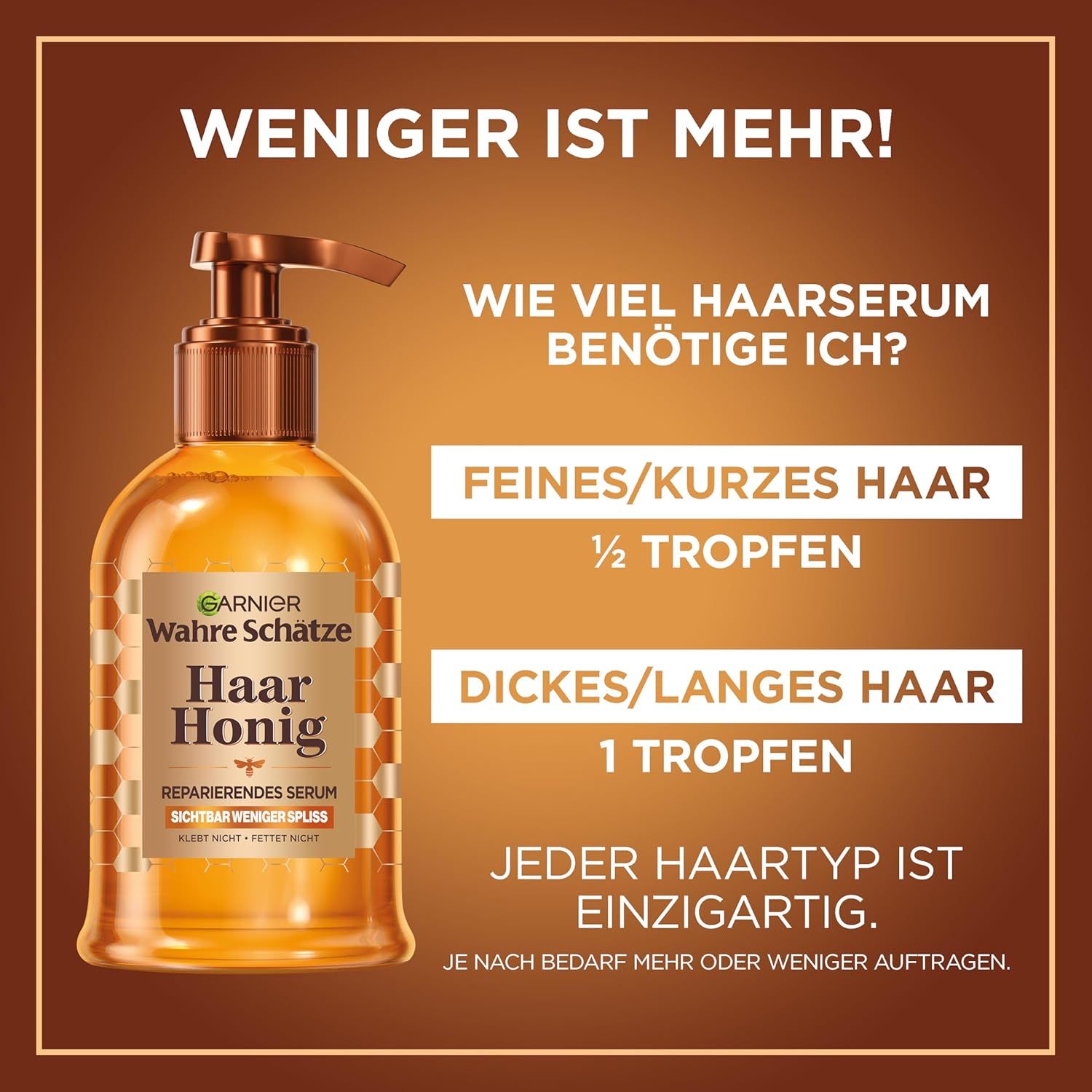 Haarserum-Flasche mit Text: Garnier Wahre Schätze Haar Honig. Text: Wie viel Haarserum benötige ich? Für feines/kurzes Haar: 1/2 Tropfen.