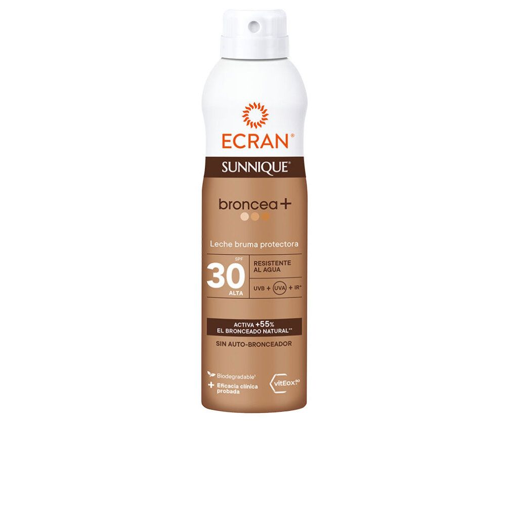 Sonnenschutzspray mit Broncea+ FPS 30. Weiße und braune Flasche mit Sprühkopf. Text: ECRAN SUNNIQUE, broncea+, FPS 30, resistente al agua.