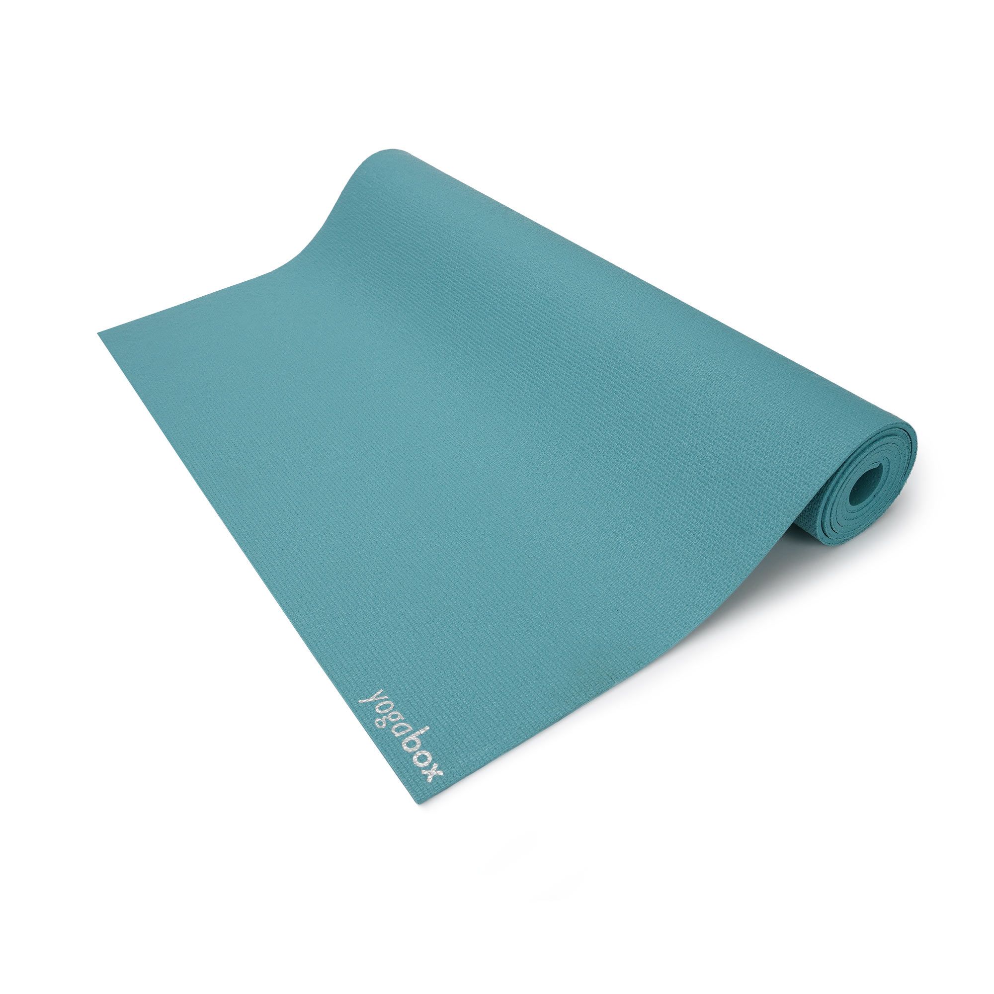 Gerollte aqua Yogamatte, teilweise entrollt, mit 'yogabox' Logo.