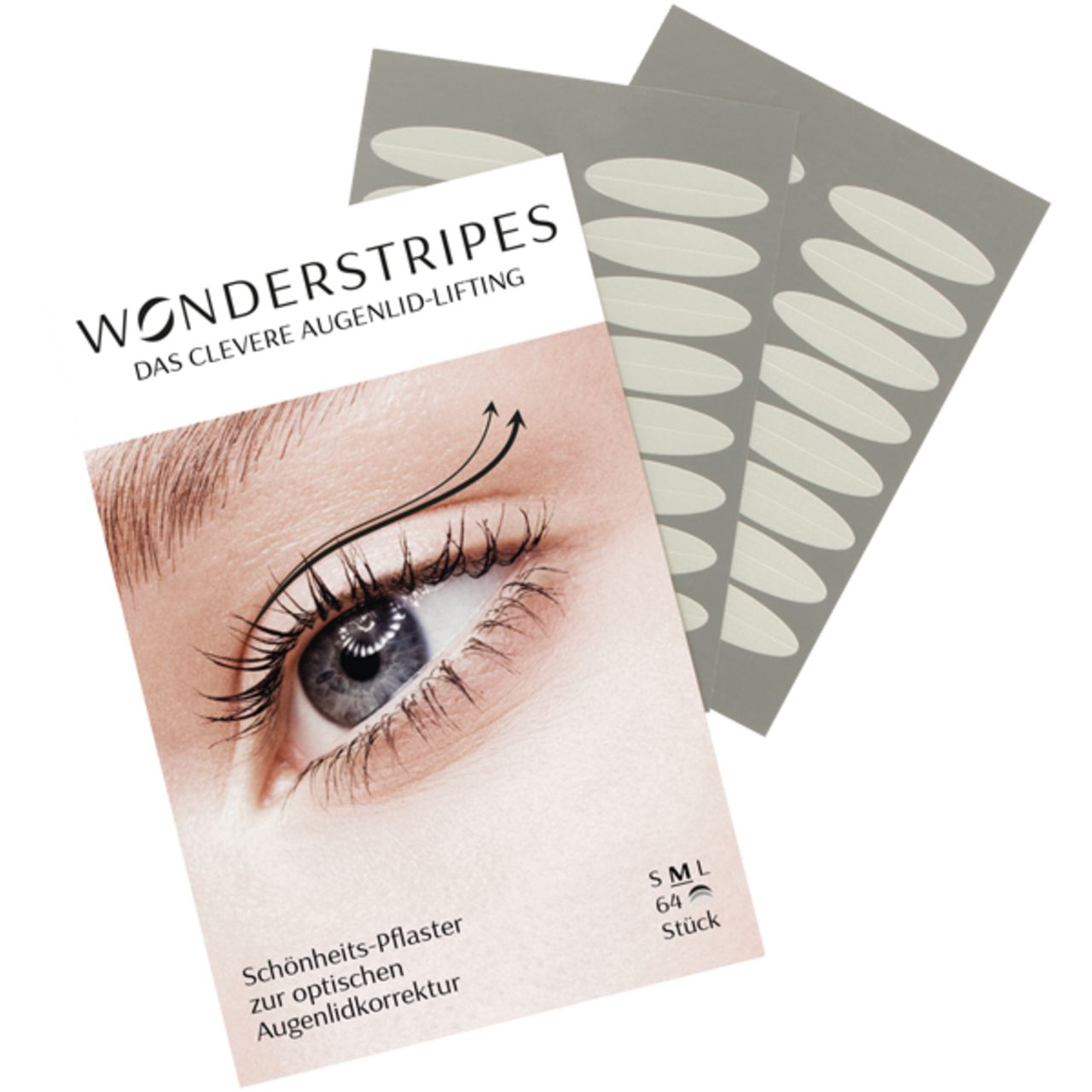 Verpackung mit Augenlid-Lifting-Pflastern. Aufdruck: WONDERSTRIPES, 64 Stück. Neben der Verpackung liegen weitere Pflaster.