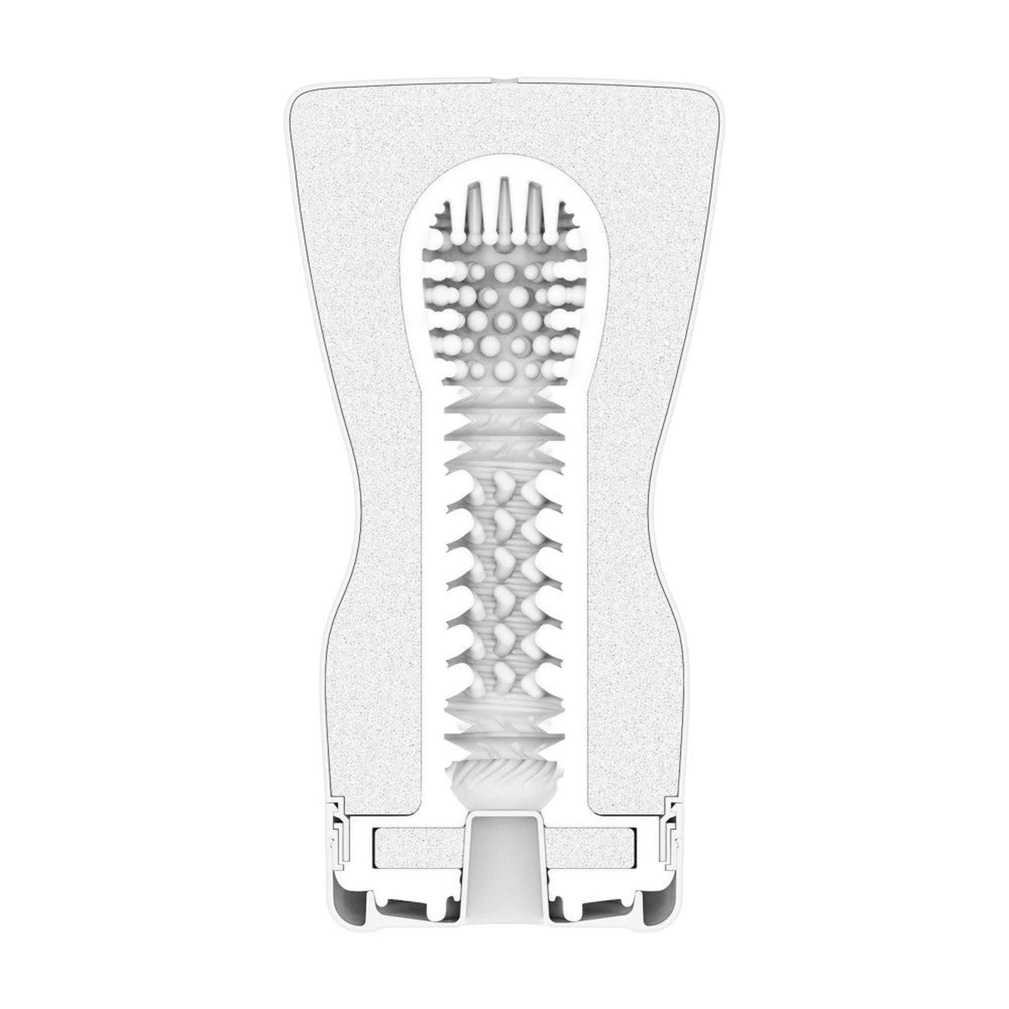 Schnittzeichnung des TENGA Soft Tube Cup. Innere Struktur mit Protuberanzen und Zonen.