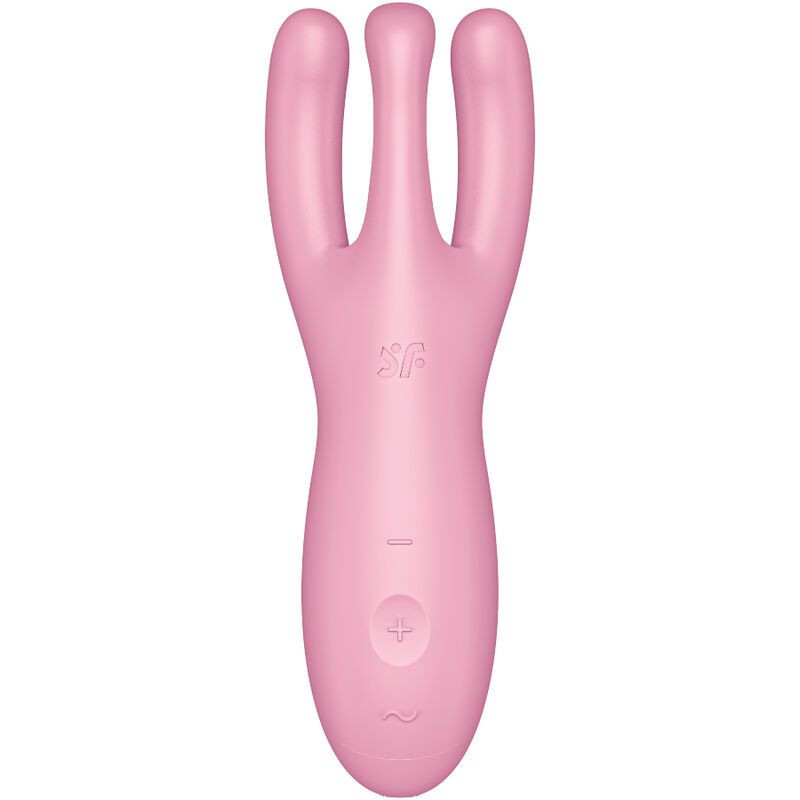 Rosa Vibrator mit drei Spitzen. Bedienknöpfe mit Plus- und Minuszeichen. Logo "sf".