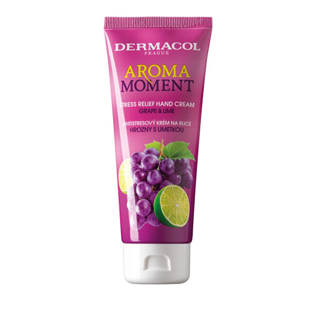 Rosa Tube Handcreme. Dermacol Aroma Moment. Traube-Limette-Motiv. Text: Stress Relief Hand Cream. Abbildung von Trauben und Limette.