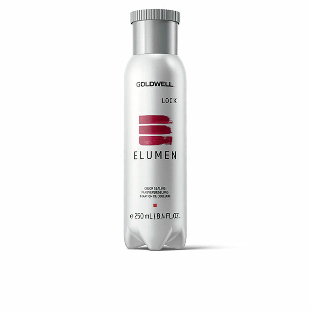 Goldwell Elumen Lock Flasche. Weiß, mit silbernem Deckel. Rote Streifen und Schriftzug Elumen. 250 ml.