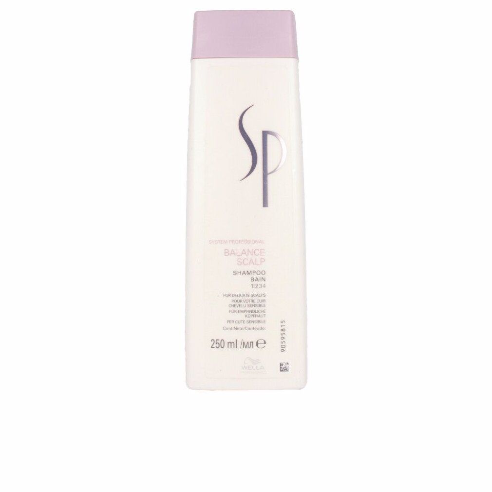 Weißes Shampoo mit lila Deckel. Aufschrift: SP, Balance Scalp Shampoo. 250 ml.