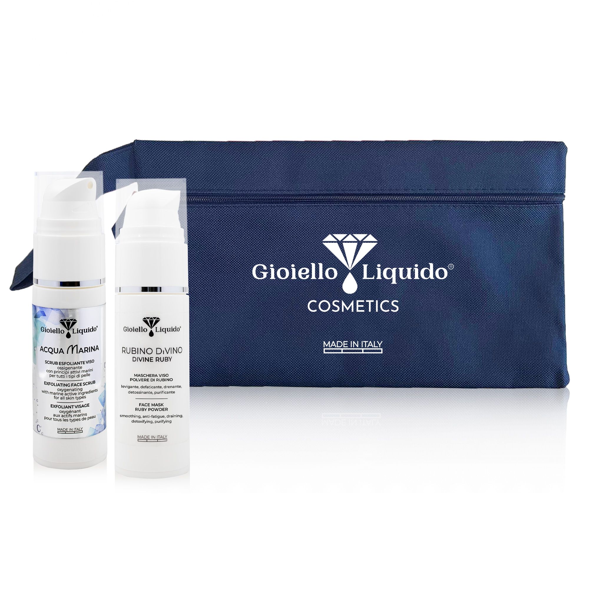 Due flaconi bianchi, pochette blu. Testo: Gioiello Liquido Cosmetics. Made in Italy. Prodotti per la cura del viso.