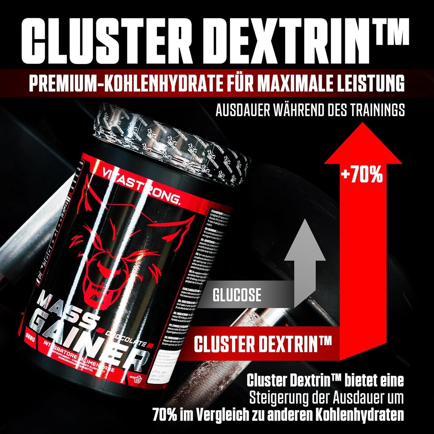 Vitastrong Mass Gainer-Behälter. Schwarzer Behälter mit rotem Etikett. Enthält Cluster Dextrin, Premium-Kohlenhydrate für maximale Leistung.