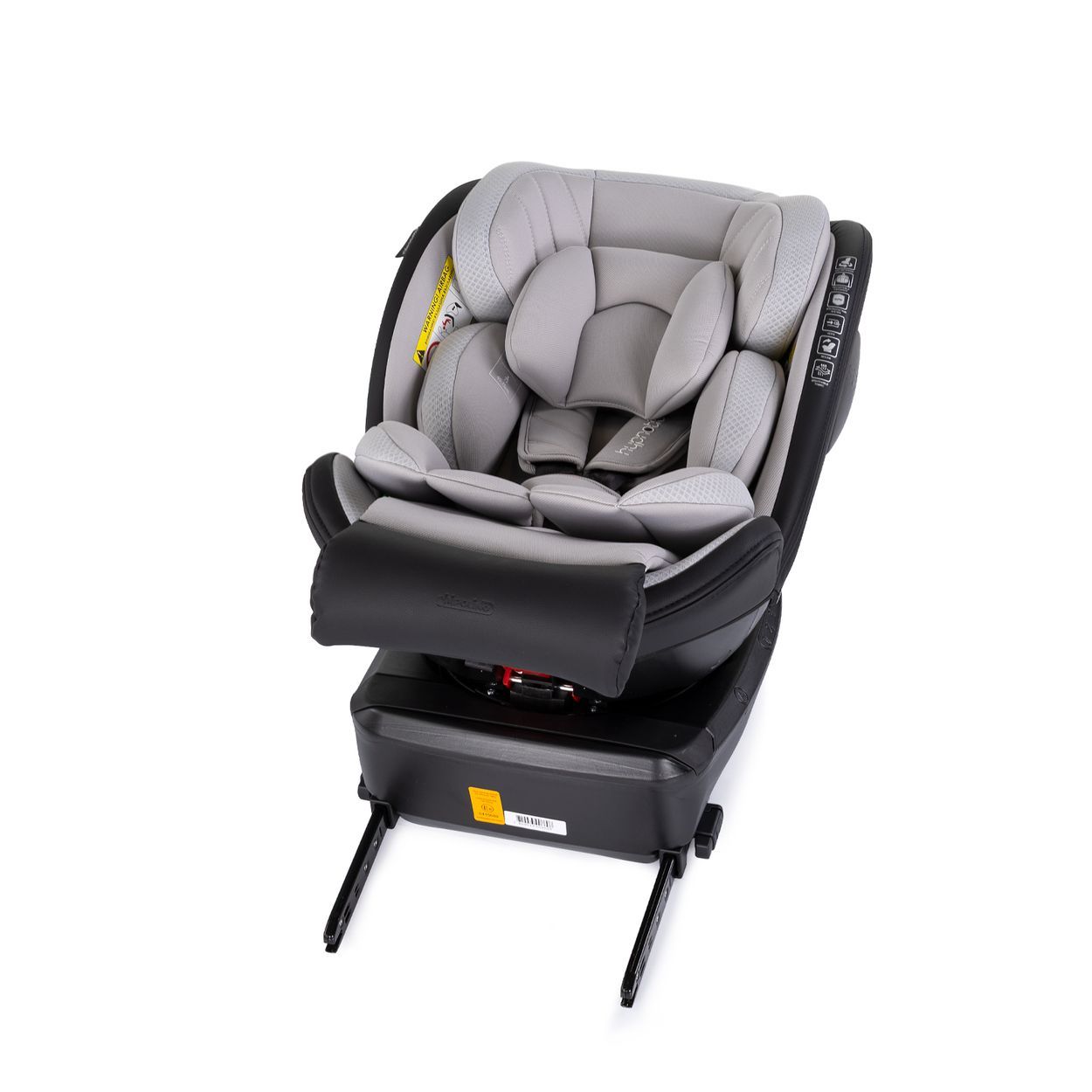 Brauner Kindersitz mit Kopfstütze, 5-Punkt-Gurt und Seitenaufprallschutz, Vorderansicht.