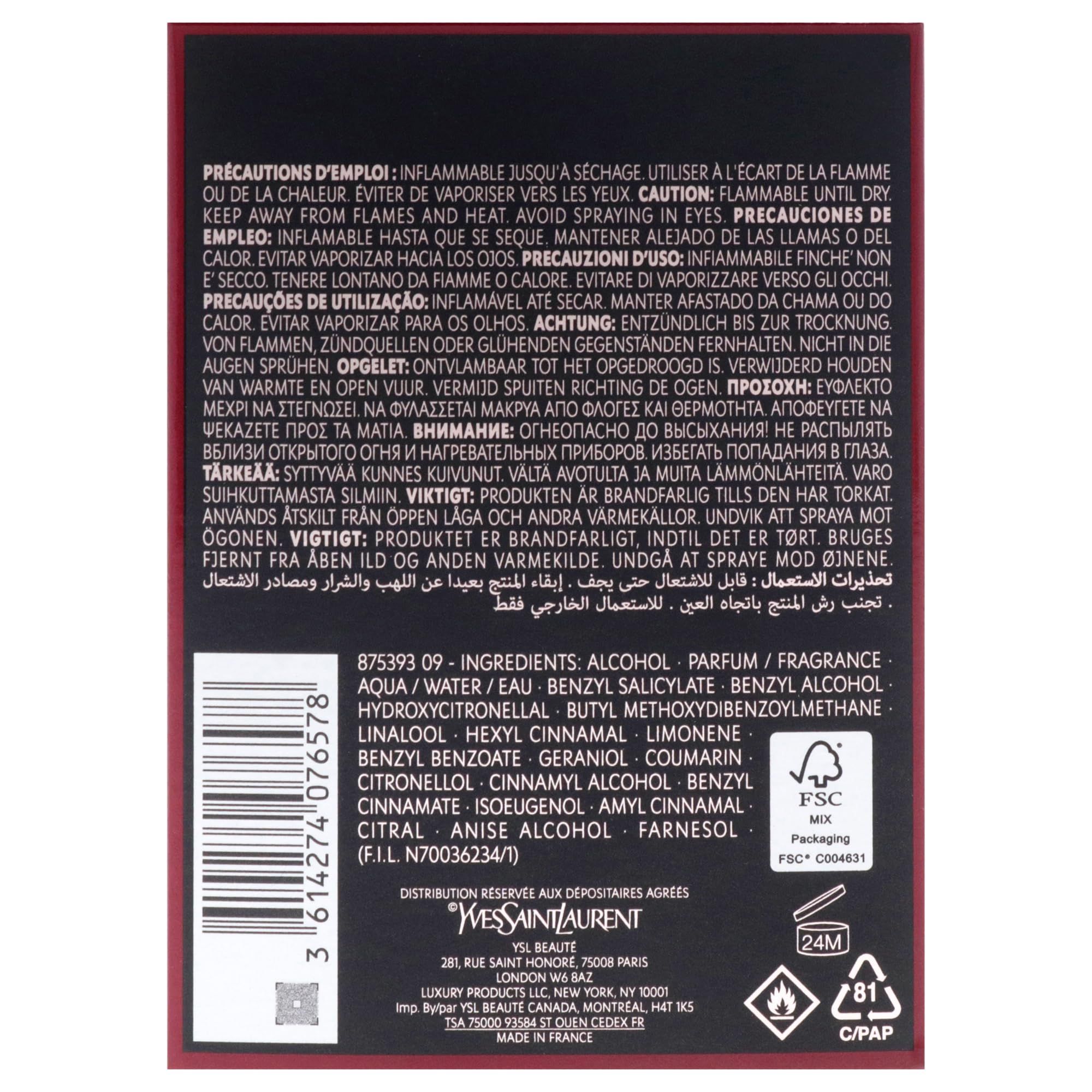 Verpackung mit Text. Zutatenliste, Warnhinweise und Markenlogo. FSC-Zertifizierung.