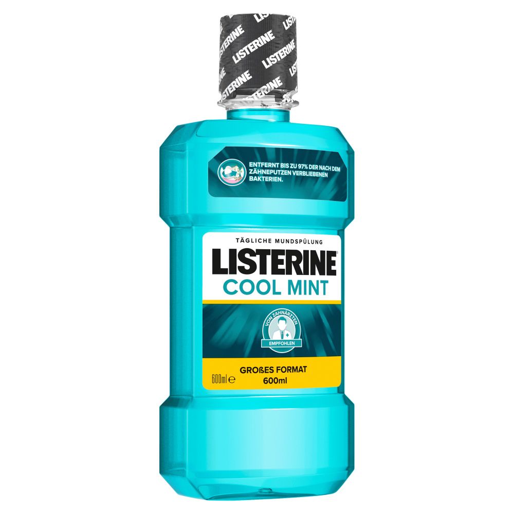 Hellblaue Flasche mit schwarzem Deckel. Aufschrift: Listerine Cool Mint. Großes Format. 600ml.