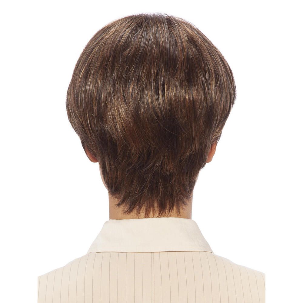 Kurzhaarperücke. Braun mit helleren Strähnen. Rückansicht.