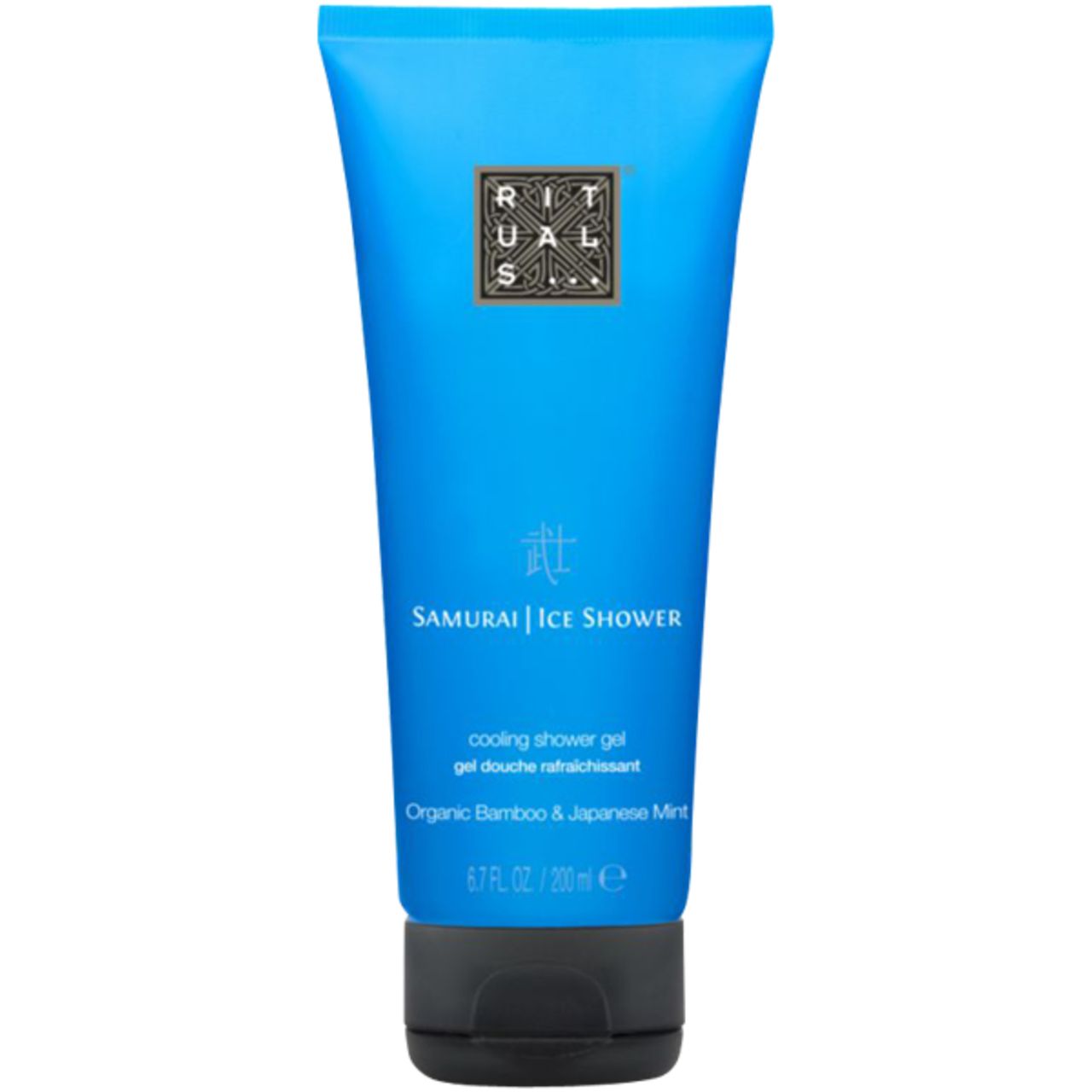 Blau-transparente Tube mit schwarzem Deckel. Aufschrift: Rituals, Samurai Ice Shower, cooling shower gel, Organic Bamboo & Japanese Mint.