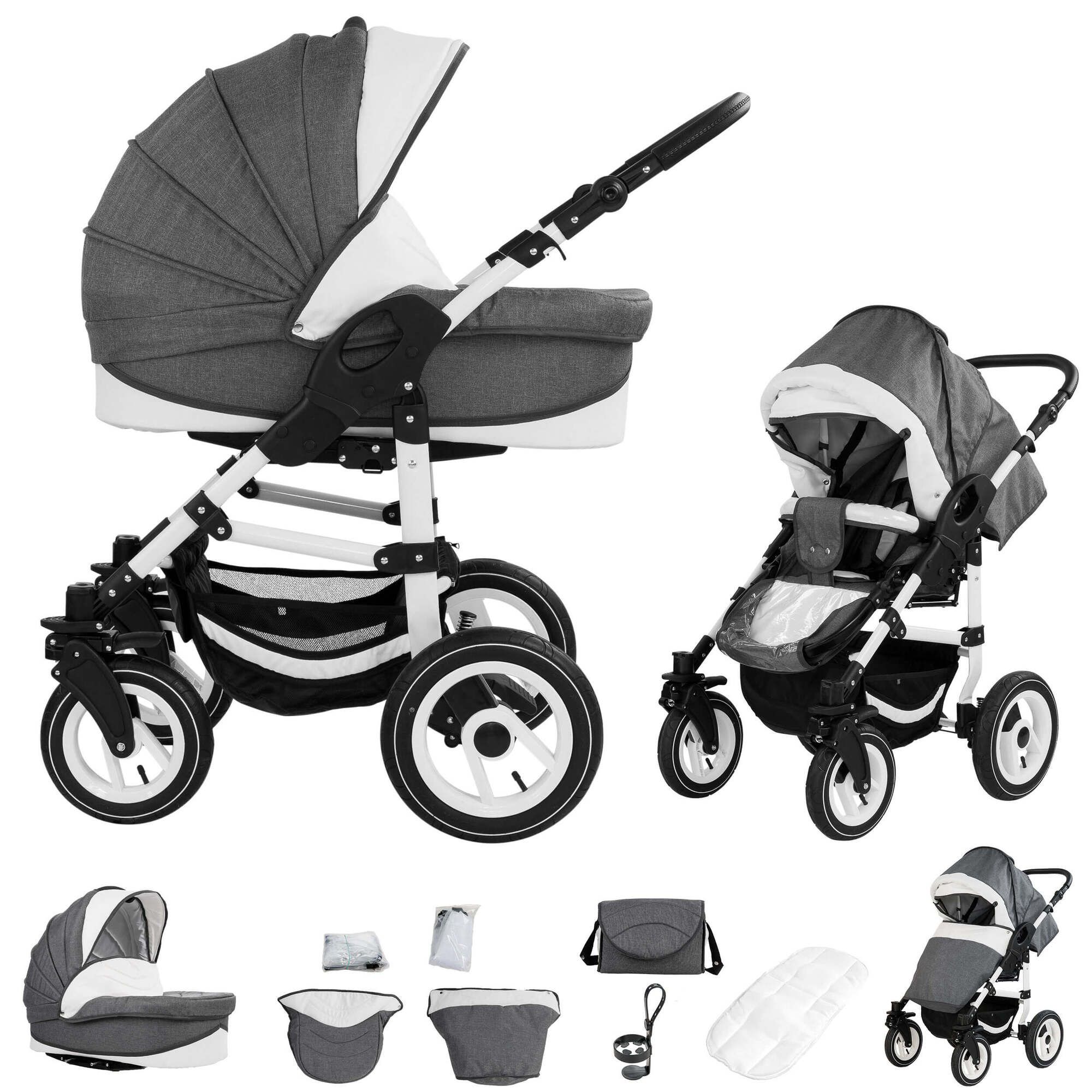 Kombikinderwagen, grau-weiß, mit Luftreifen. Enthält Babywanne, Sportsitz, Zubehör. Mehrere Ansichten.