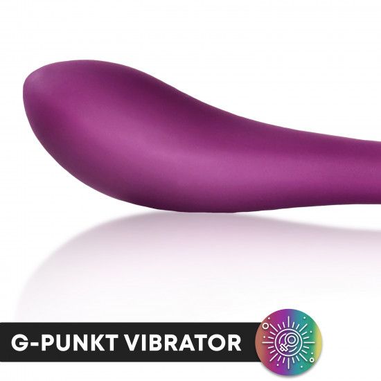 Nahaufnahme eines lila Vibrators. Text: G-Punkt Vibrator. Regenbogen-Logo.