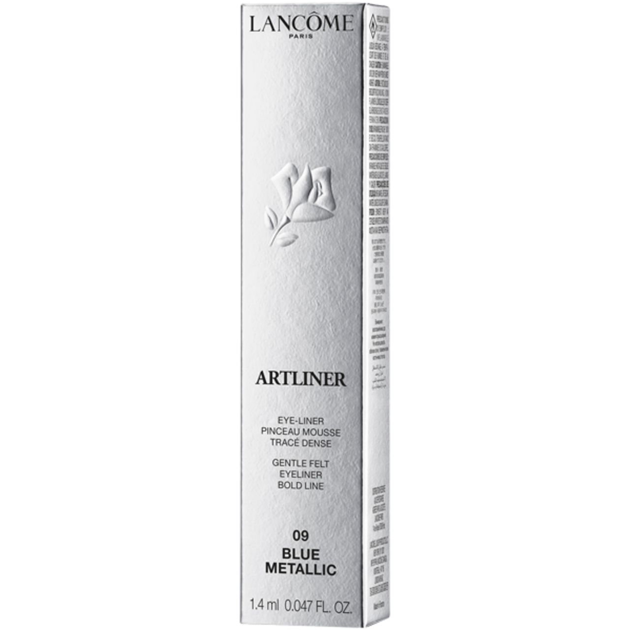 Silberfarbene Verpackung mit Produktinformationen. Aufschrift: LANCÔME, ARTLINER, BLUE METALLIC. Enthält 1,4 ml.