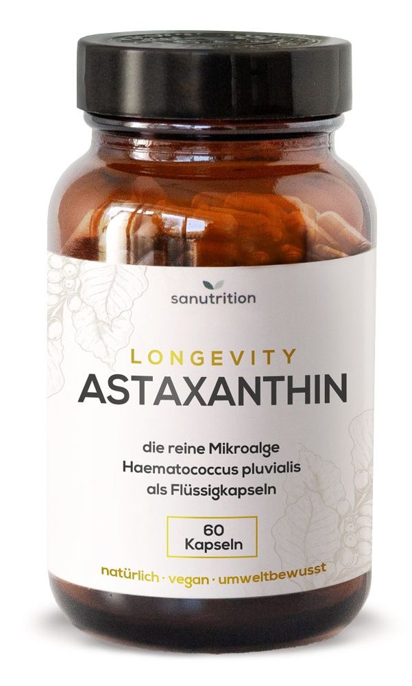 Braune Glasflasche mit schwarzem Deckel. Etikett mit "Astaxanthin" und "60 Kapseln". Marke: Sanutrition.