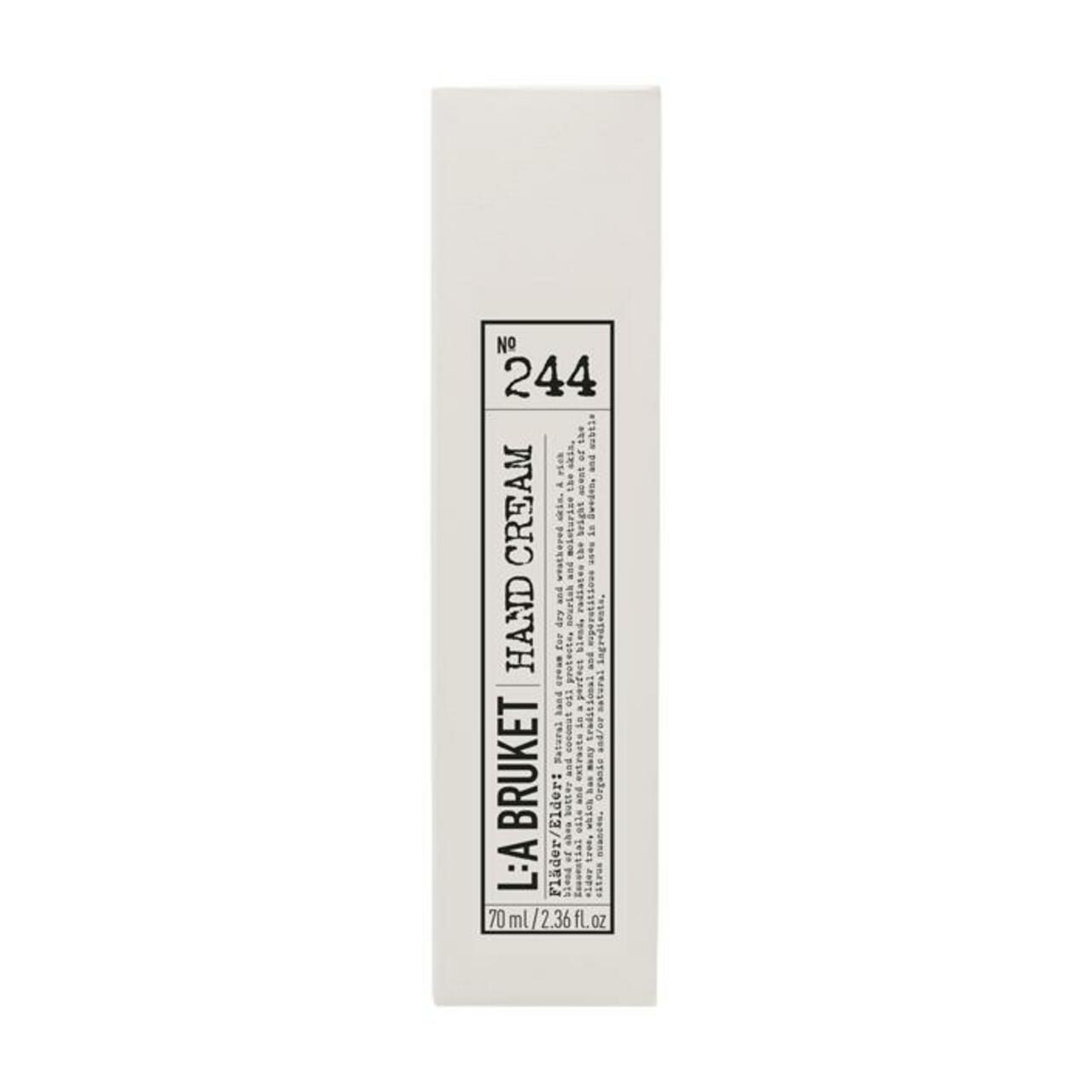 Verpackung, L:A Bruket, Hand Cream 244. Weiß, schwarze Schrift. Text: Hand Cream, 70ml/2.36 fl.oz. Aufdruck mit Inhaltsstoffen.