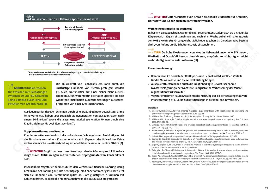 Buchseite mit Text und Diagrammen. Thema: Kreatin. Diagramme zeigen die Wirkung von Kreatin im Muskel.