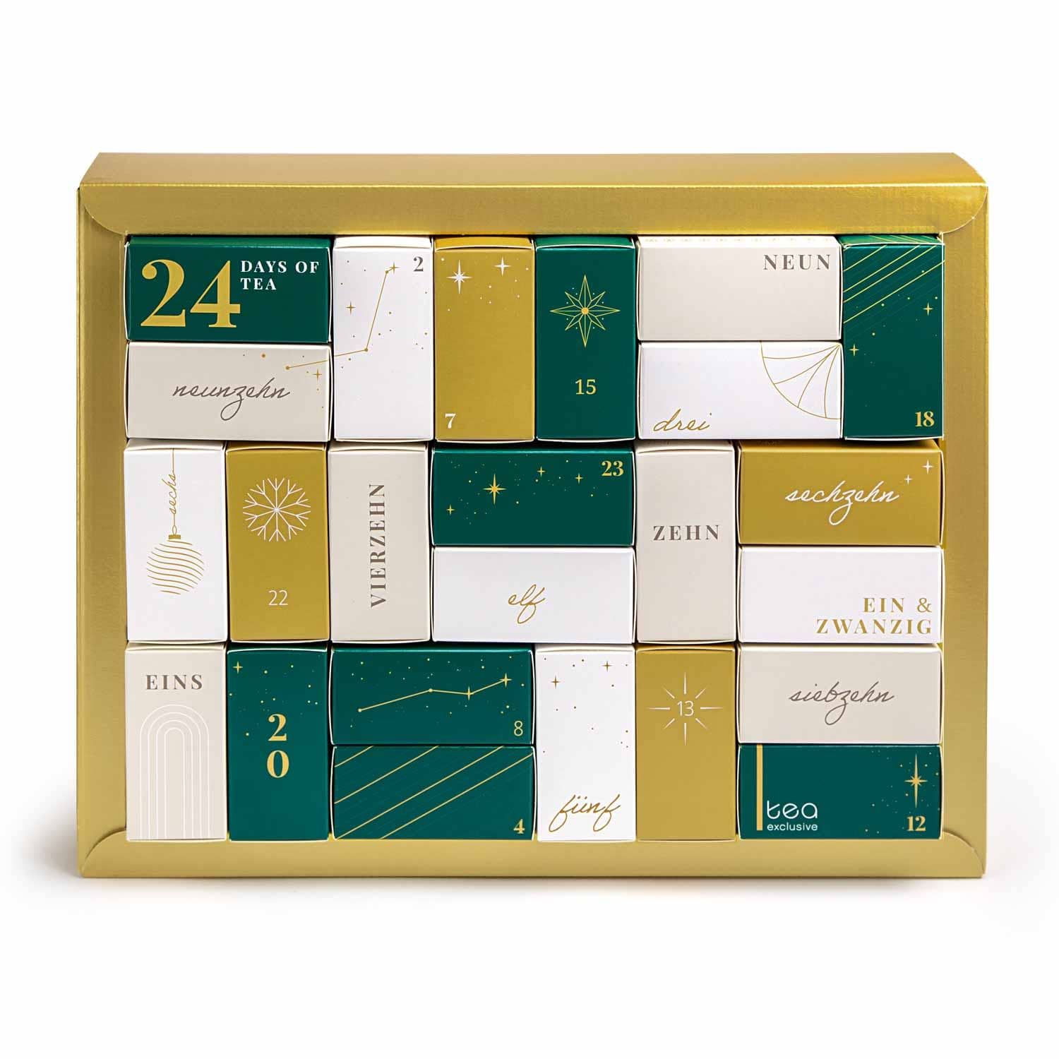 Goldener Tee Adventskalender mit 24 Schachteln, Vorderansicht, einige Schachteln mit Zahlen.