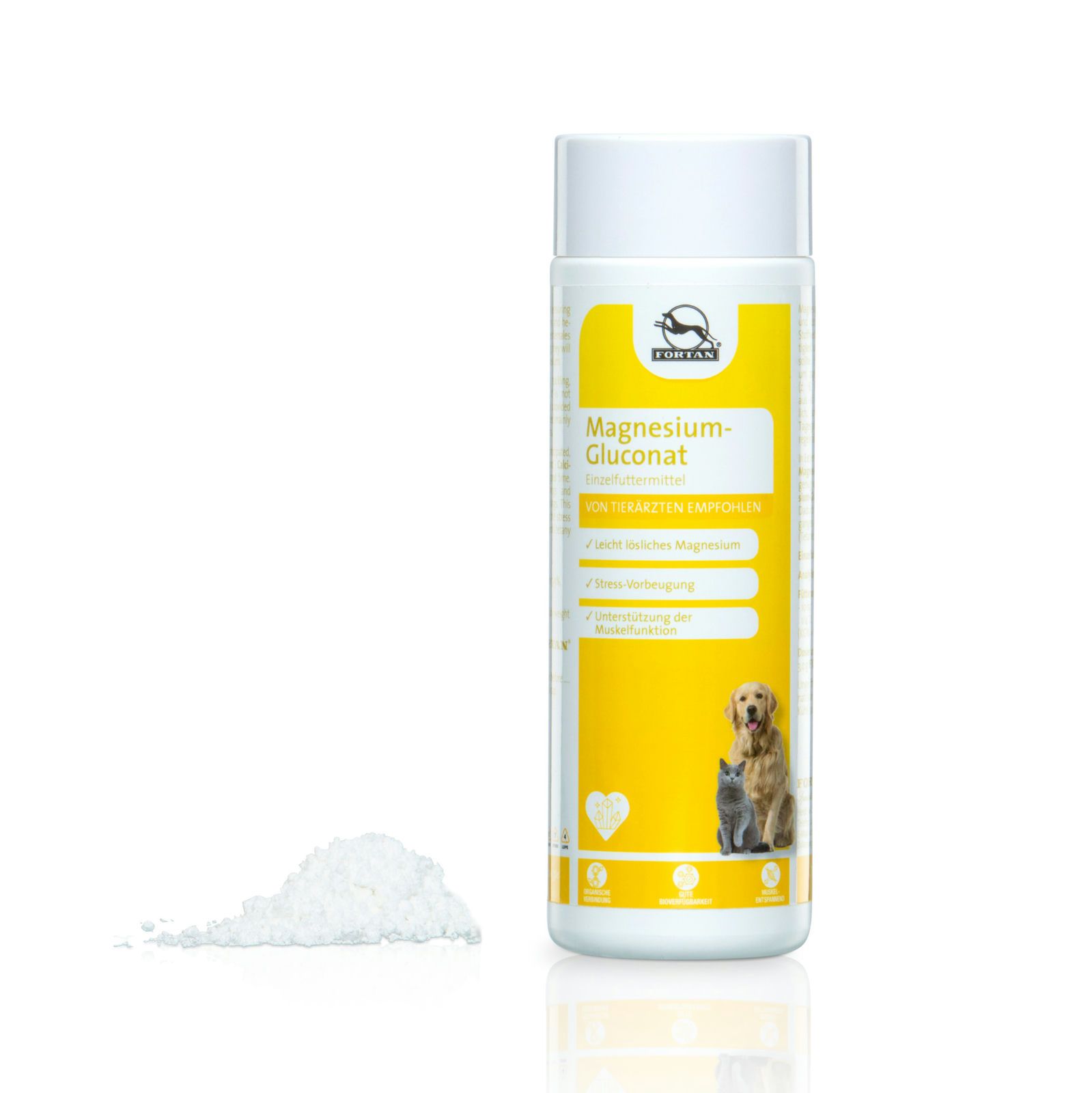 Weißes zylindrisches Behältnis mit gelbem Etikett. Aufschrift: Magnesium-Gluconat. Logo und Abbildung von Hund und Katze. Daneben Pulver.