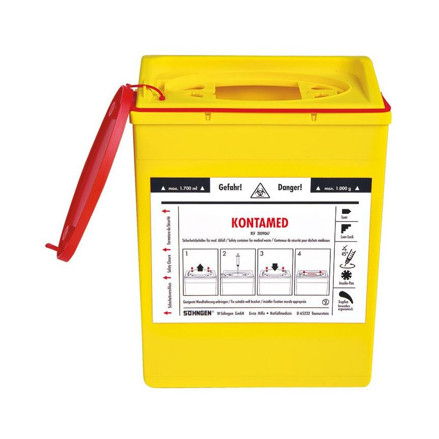 Gelber KONTAMED-Sicherheitsbehälter mit offenem rotem Deckel. Aufkleber mit Warnhinweisen und Produktinformationen.